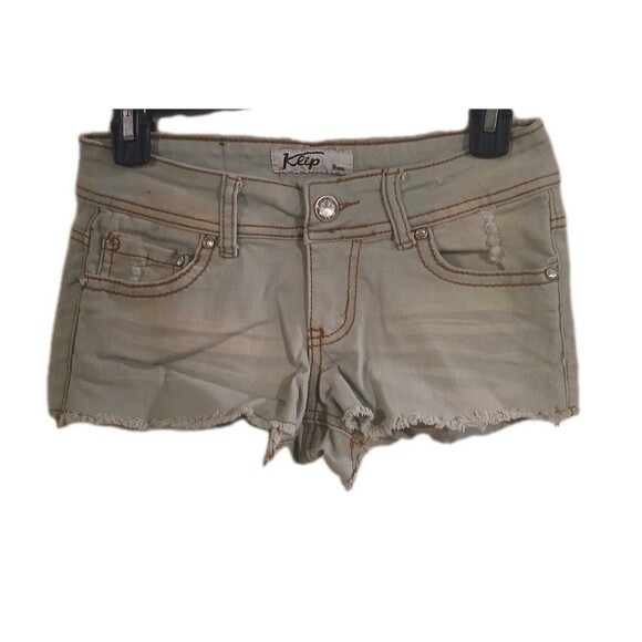 Vintage Klip  Green/yellow  Jean Shorts Junior Sz 5 Cut Off Rhinestone Distress - Picture 1 of 4